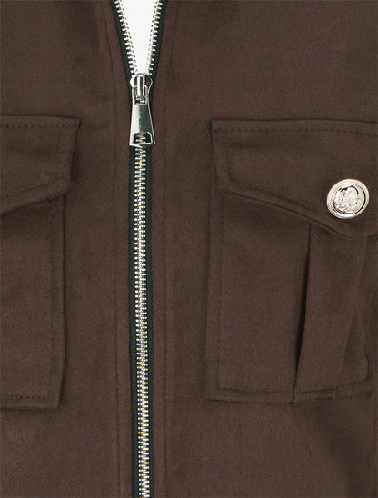 Veste en suédine zippée à poche à rabat - Marron - 3