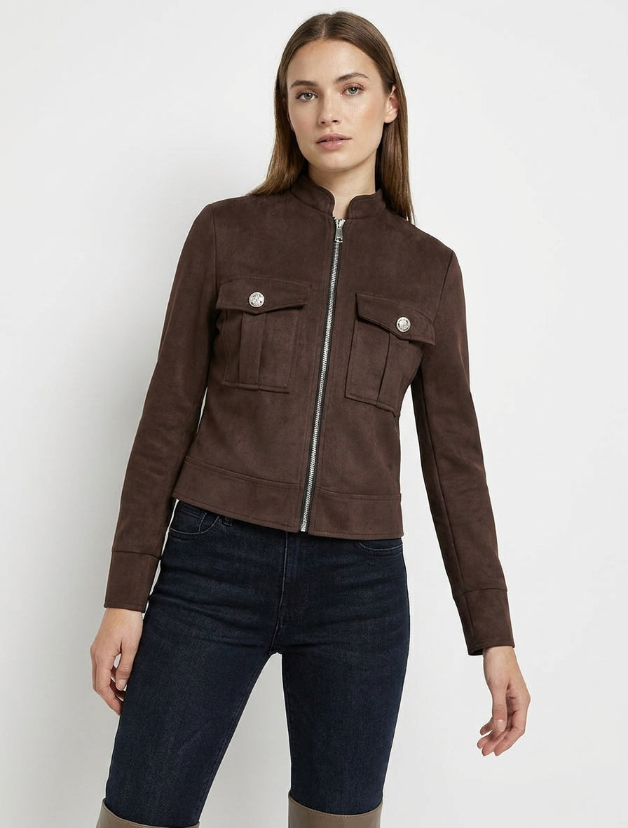 Veste en suédine col montant zippée - Marron