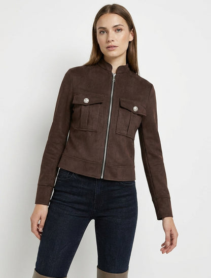 Veste en suédine col montant zippée - Marron