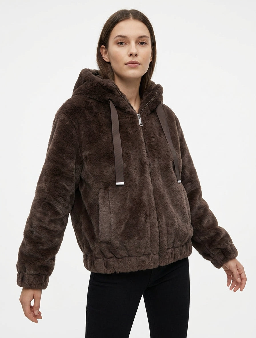 Veste en fourrure synthétique à capuche - Marron