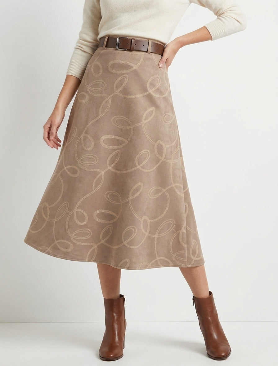 Jupe longue taille haute en suédine - Taupe