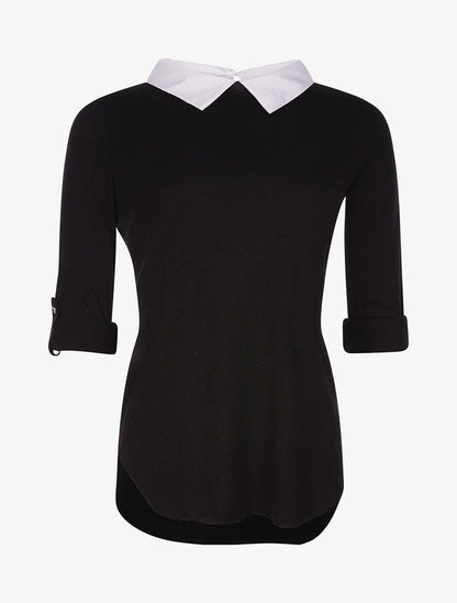 Pull doux col chemise - noir - 1