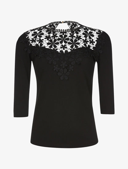 Top à plastron en dentelle - noir - 1