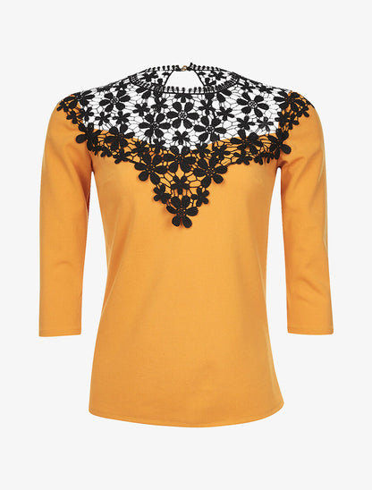 Top à plastron en dentelle - moutarde - 1