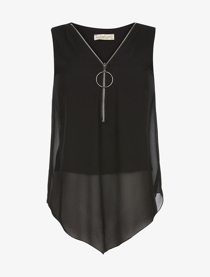 Top voile décolleté zippé - noir - 1