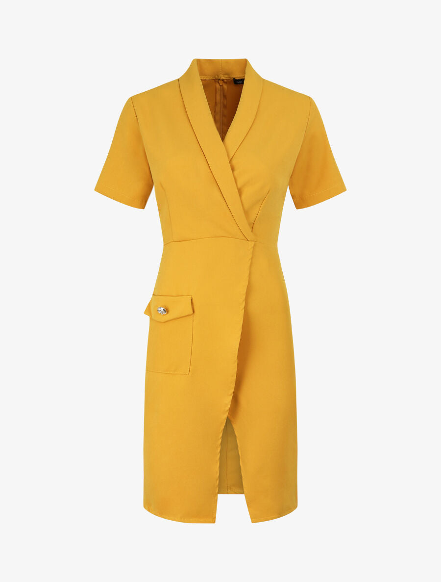 Robe portefeuille à manches courtes - Moutarde - 4