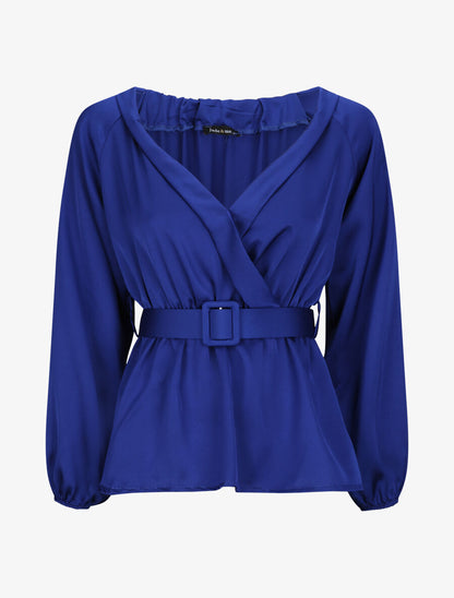 Blouse péplum satinée - Bleu roi - 1