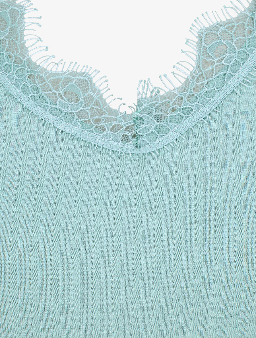 Débardeur droit côtelé à col dentelle - Bleu clair - 3