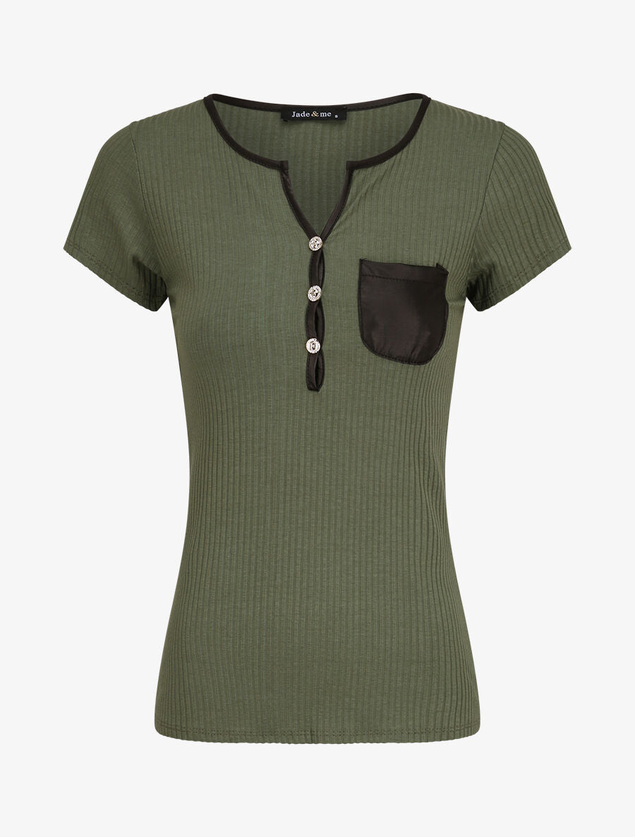 T-shirt slim uni côtelé - Kaki - 1