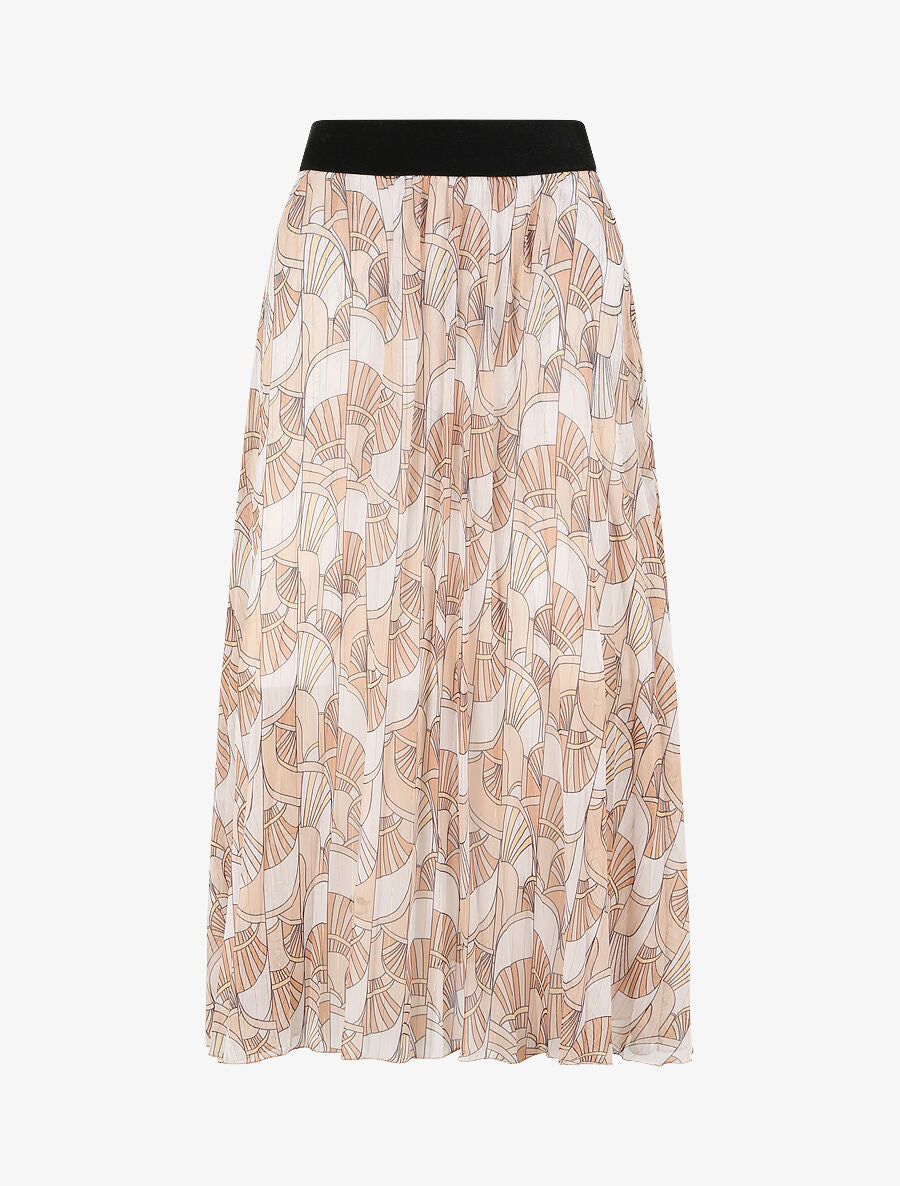 Jupe plissée mi-longue évasée imprimé éventails stylisés - Beige - 4