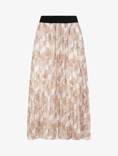 Jupe plissée mi-longue évasée imprimé éventails stylisés - Beige - 4