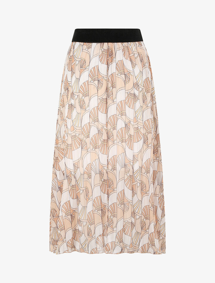 Jupe plissée mi-longue évasée imprimé éventails stylisés - Beige - 2