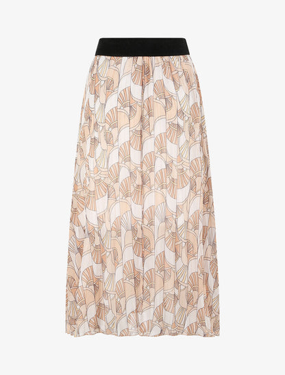 Jupe plissée mi-longue évasée imprimé éventails stylisés - Beige - 2