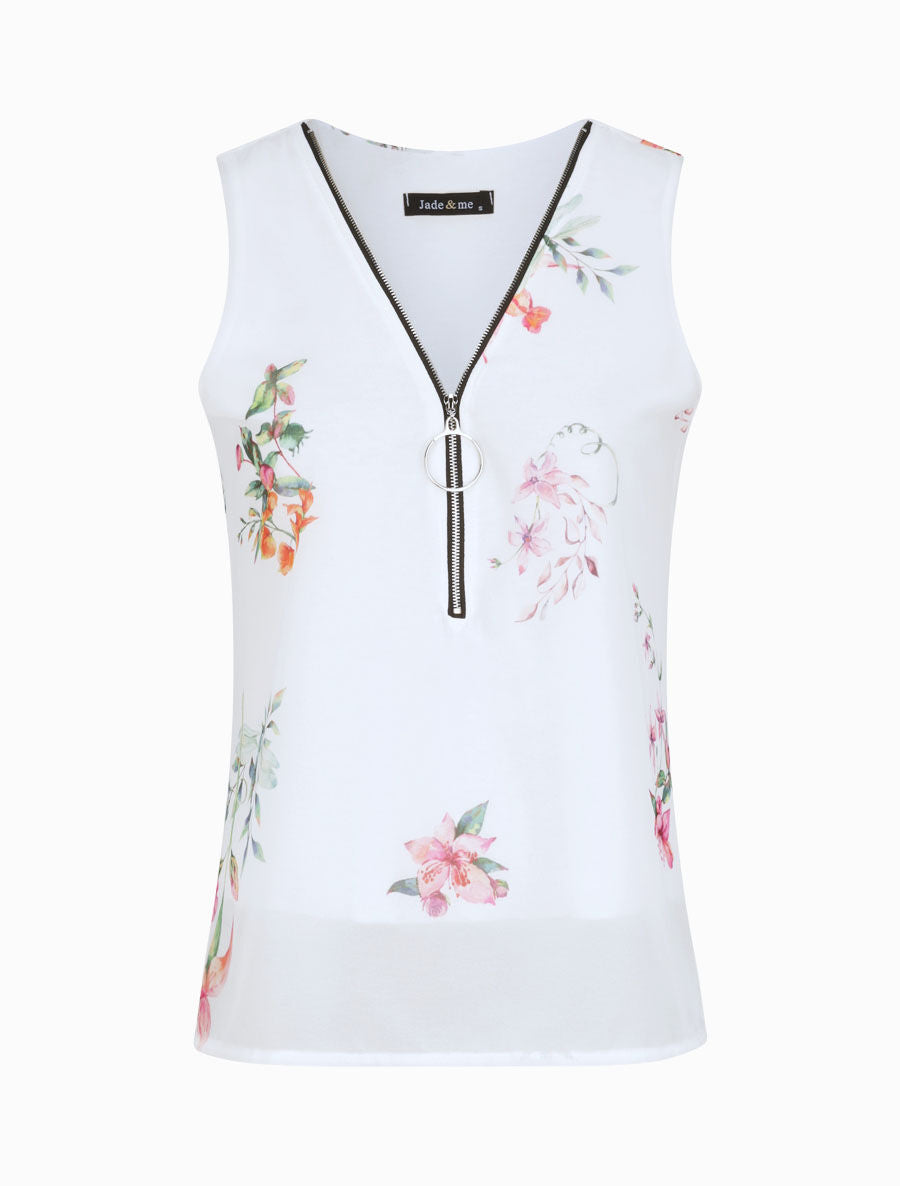 Top droit fleuri à col zippé - Blanc - 1