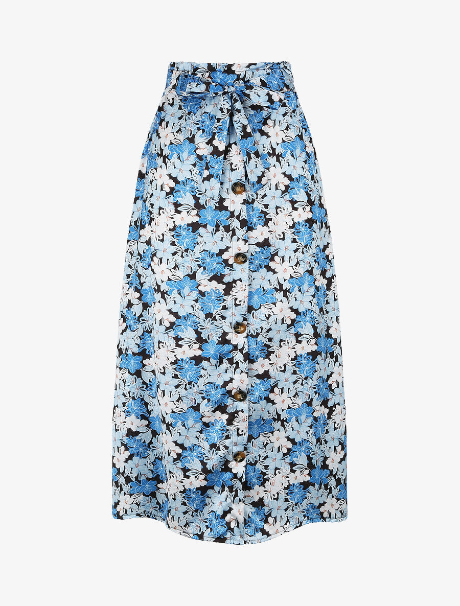 Jupe longue satinée imprimé fleur de lys - Bleu - 1