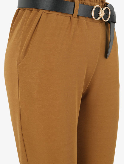 Pantalon droit uni à taille haute froncée - Camel - 3