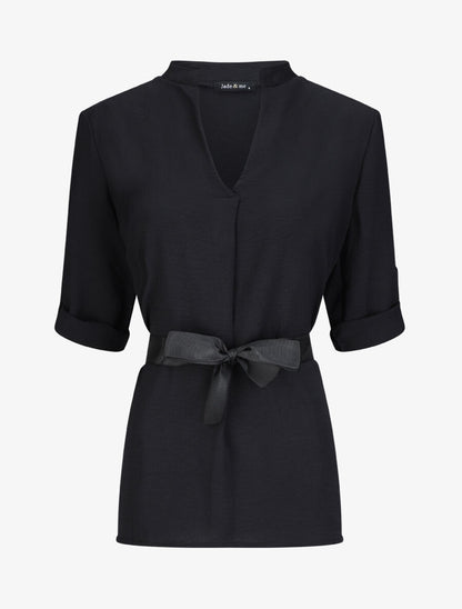Blouse droite unie à manches 3/4 - Noir - 1