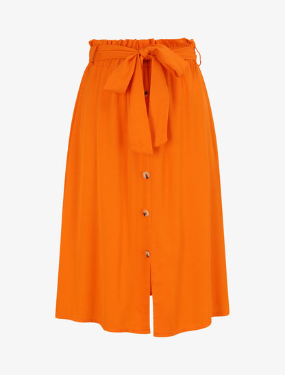 Jupe mi-longue évasée unie à taille froncée - Orange - 1