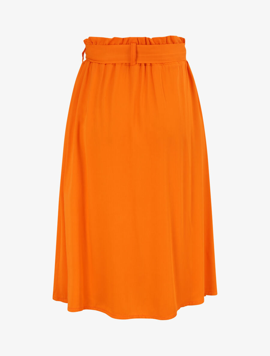 Jupe mi-longue évasée unie à taille froncée - Orange - 2