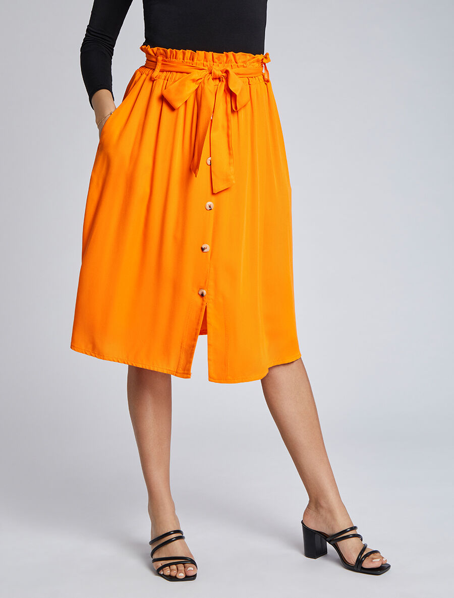 Jupe mi-longue évasée unie à taille froncée - Orange - 4