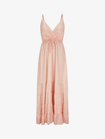 Robe longue à imprimé floral et bord volanté - Rose saumon - 1