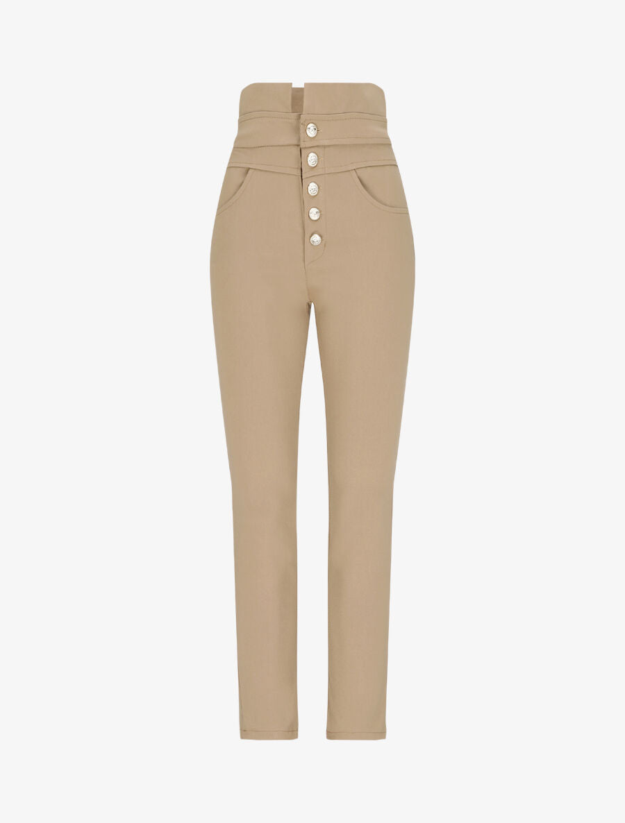 Pantalon slim taille haute à boutons dorés - Camel - 3