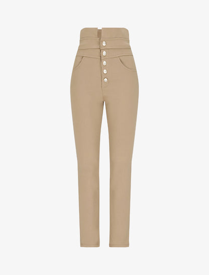 Pantalon slim taille haute à boutons dorés - Camel - 3