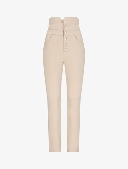 Pantalon slim taille haute à boutons dorés - Beige - 3