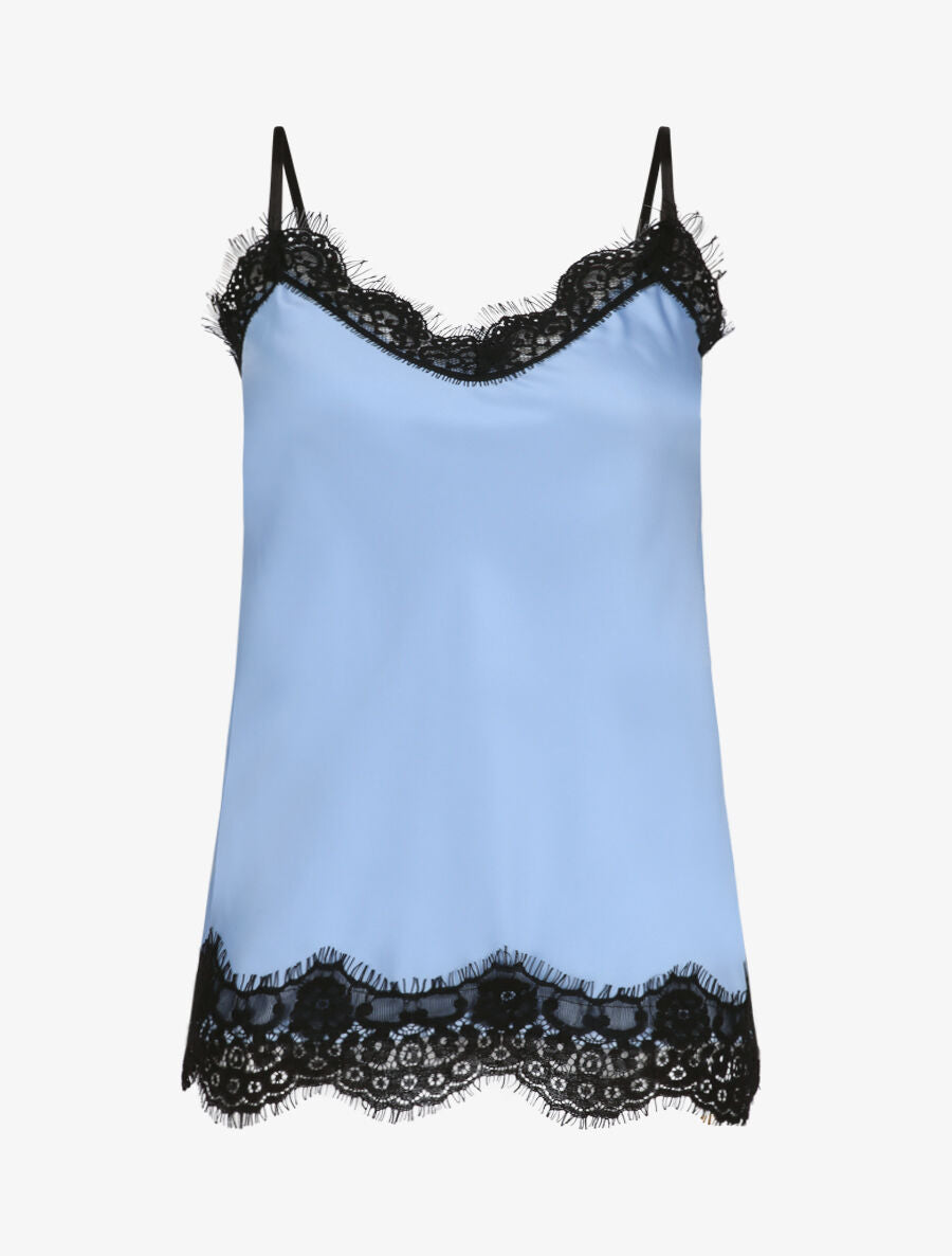 Caraco droit satiné à col et bord en dentelle - Bleu ciel - 5