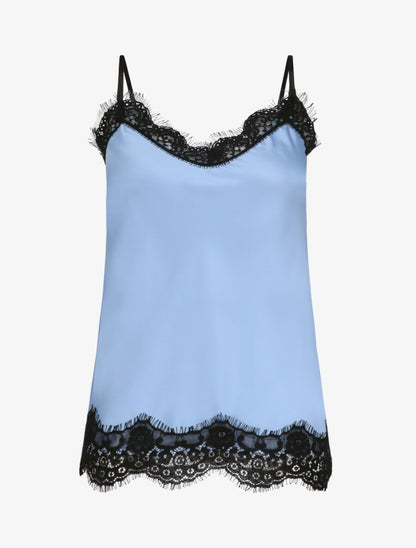 Caraco droit satiné à col et bord en dentelle - Bleu ciel - 5