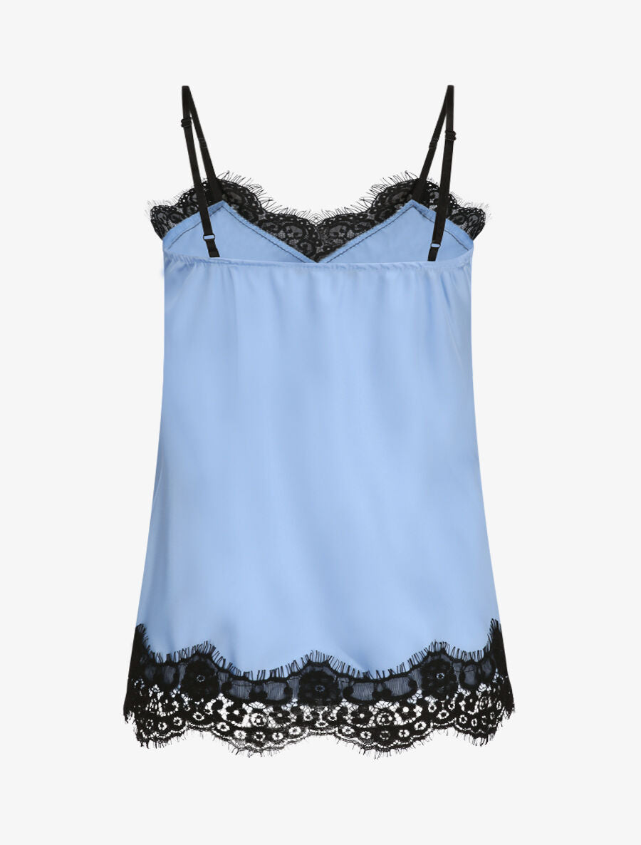 Caraco droit satiné à col et bord en dentelle - Bleu ciel - 2