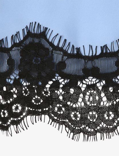 Caraco droit satiné à col et bord en dentelle - Bleu ciel - 3