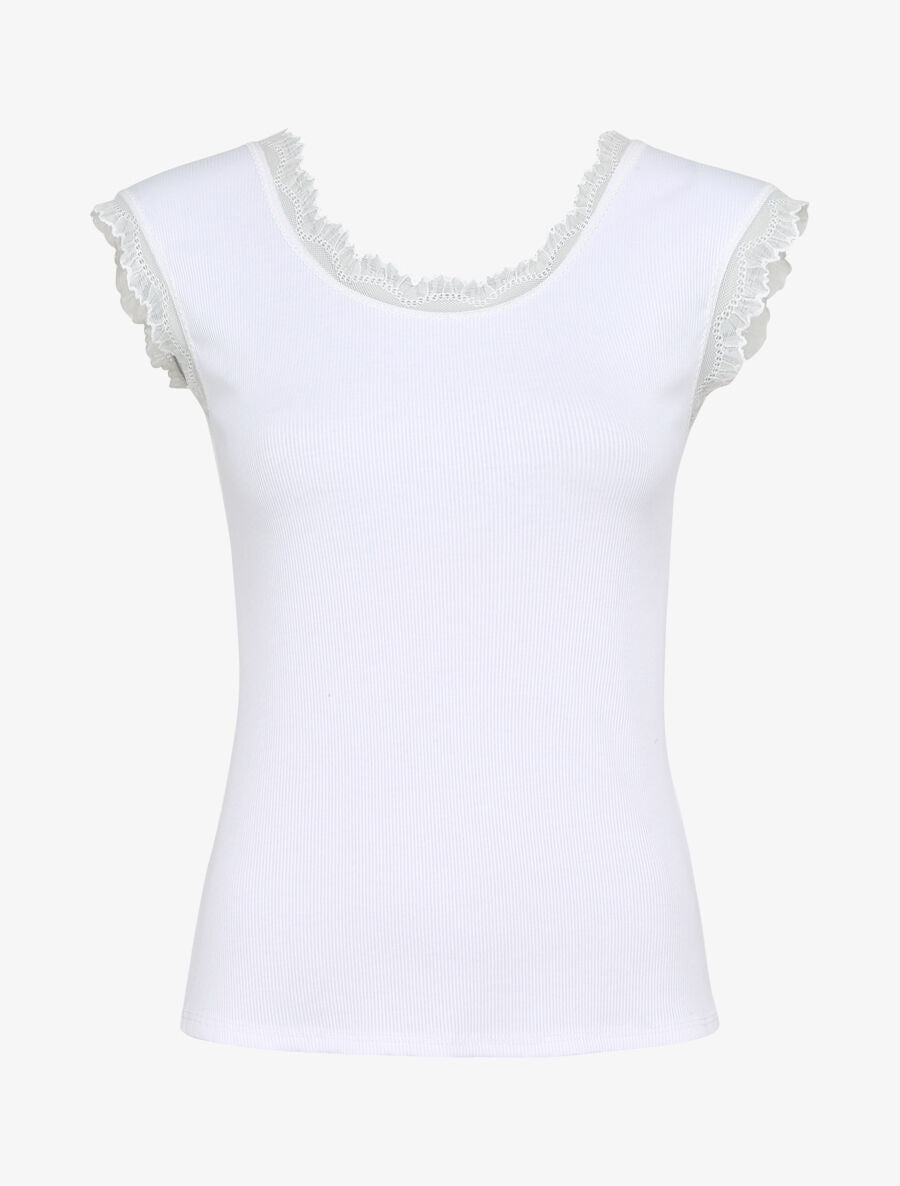 Top droit côtelé à bords en dentelle - Blanc - 1