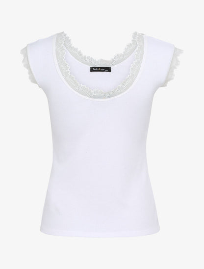 Top droit côtelé à bords en dentelle - Blanc - 2