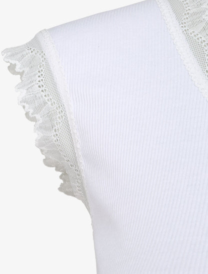 Top droit côtelé à bords en dentelle - Blanc - 3