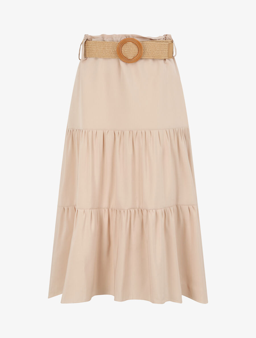 Jupe trapèze mi-longue à taille paper bag - Beige - 2