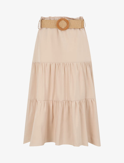 Jupe trapèze mi-longue à taille paper bag - Beige - 2