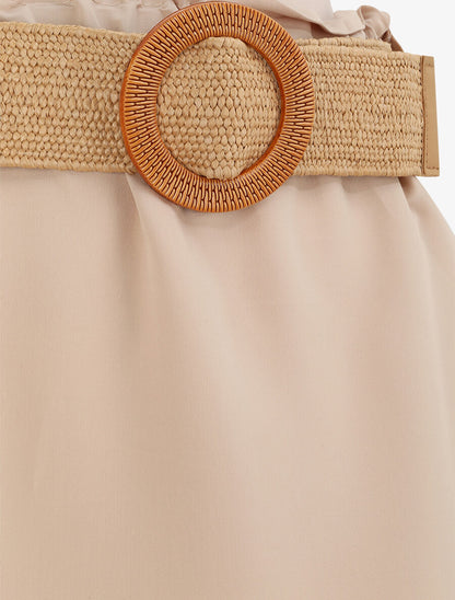 Jupe trapèze mi-longue à taille paper bag - Beige - 4