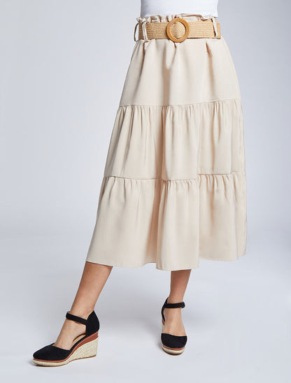 Jupe trapèze mi-longue à taille paper bag - Beige - 1