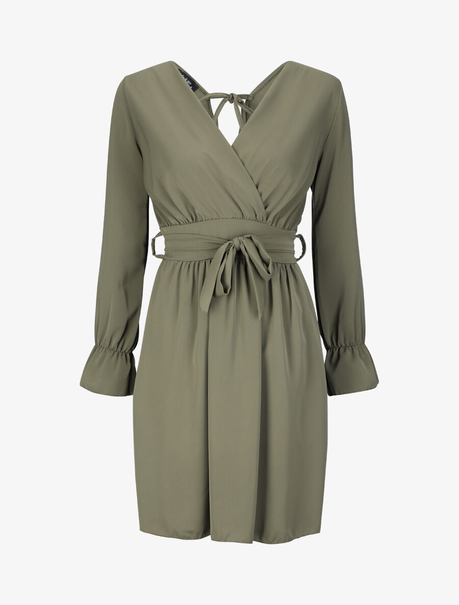 Robe courte patineuse à col cache-coeur - Kaki - 1