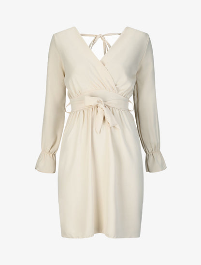 Robe courte patineuse à col cache-coeur - Beige - 1