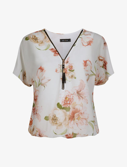 Top boule imprimé pivoines à zip - Blanc - 1