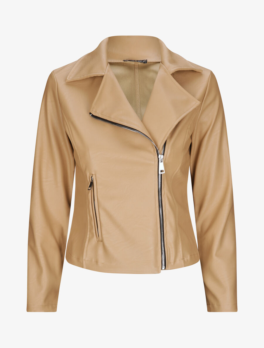 Perfecto droit en simili à poche zippée décorative - Beige - 1