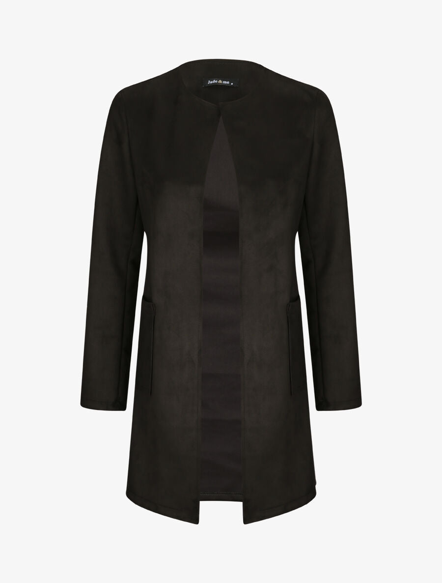 Veste droite mi-longue en suédine - Noir - 4