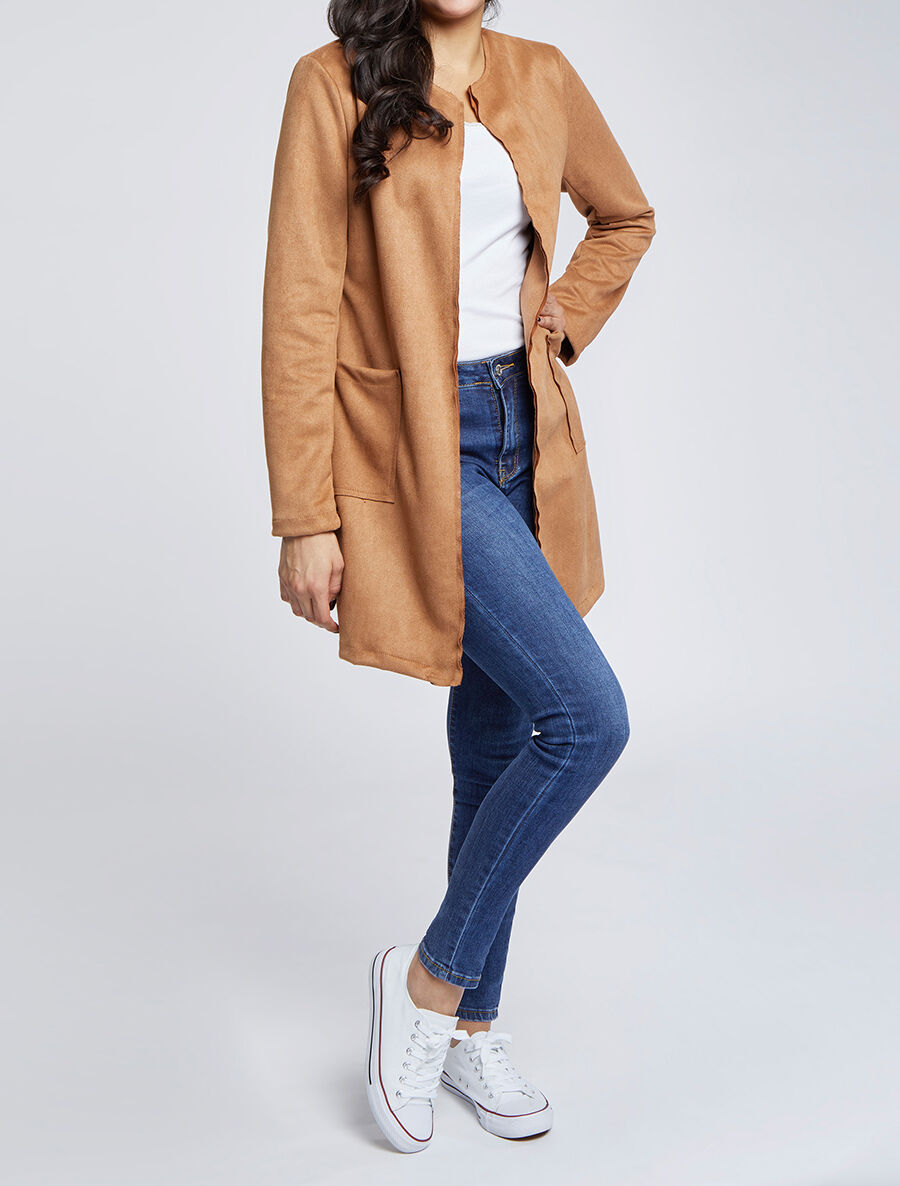 Veste droite mi-longue en suédine - Camel - 4