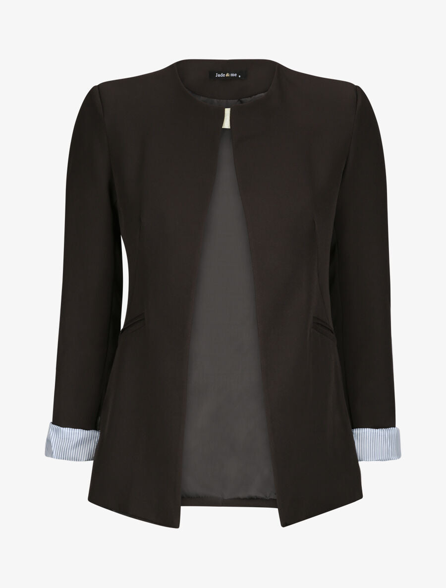 Veste droite unie manches à revers rayé - Noir - 4