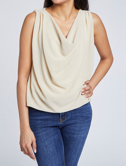 Top voile droit uni et col bénitier - Beige - 1