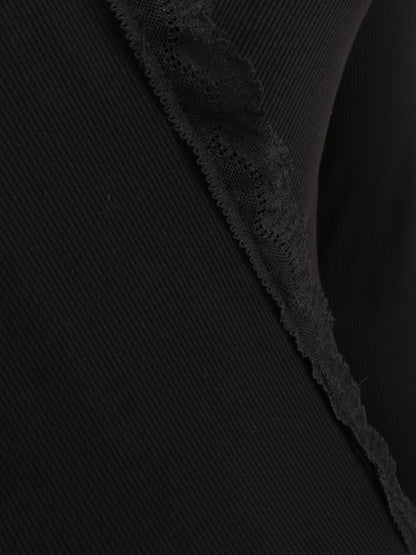 Body côtelé à col cache-coeur en dentelle - Noir - 3