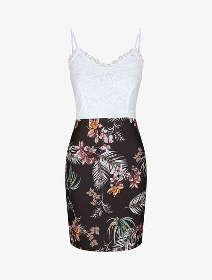 Robe droite à imprimé feuilles tropicales - Noir - 1