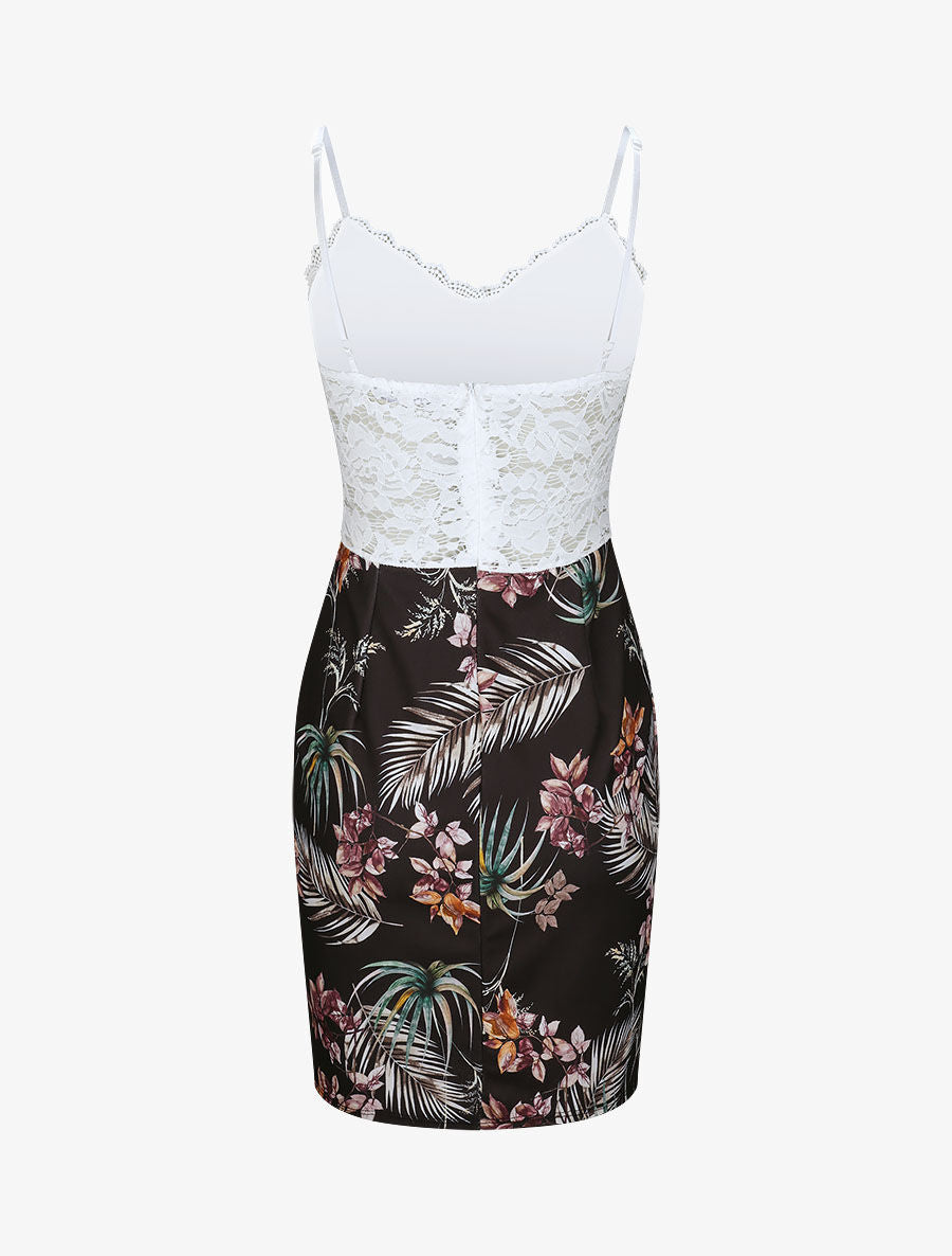 Robe droite à imprimé feuilles tropicales - Noir - 2